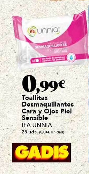 Gadis Toallitas desmaquillantes cara y ojos piel sensible ifa unnia oferta