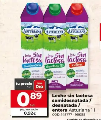 Dia Asturiana Leche sin lactosa semidesnatada / desnatada / entera 1 L oferta