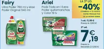 Clarel Fairy ultra poder 780 ml y maxi poder original ariel pods todo en 1 extra poder quitamanchas y color 19 lv oferta