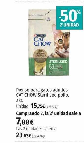El Corte Inglés -50% 2a unidad pienso para gatos adultos cat chow sterilised pollo oferta