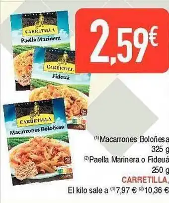 Masymas Macarrones boloñesa o paella marinera o fideuá carretilla oferta