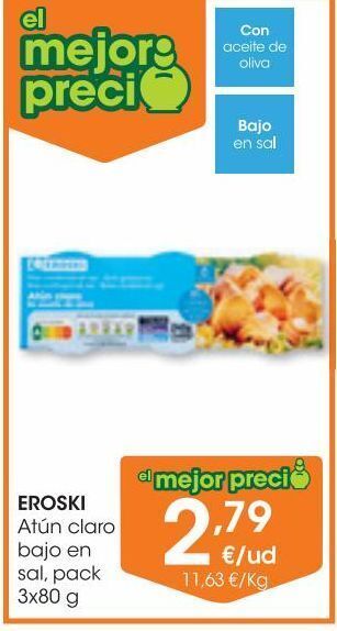 Eroski Eroski atún claro bajo en sal pack 3x80 g oferta