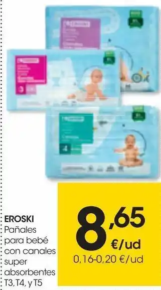 Eroski Eroski pañal para bebe con canales super absorbente t3 4-9 kg 54 uds oferta