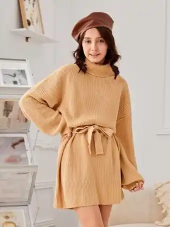 Shein Shein chicas adolescentes vestido de punto de cuello cisne de hombros caídos con cinturón oferta