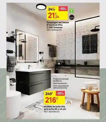 Leroy Merlin Downlight led sanoa ø 22.5cm ip44 2.500 lúmenes mueble de baño mia antracita 80 x 45 cm oferta