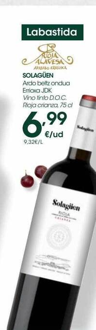 Eroski Solagüen vino tinto d.o.c. rioja crianza oferta