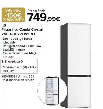 Costco Lg frigorifico combi crystal 2mt gbb72tw9dq oferta