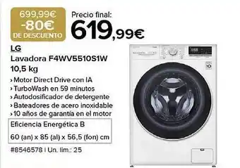 Costco Lg lavadora f4wv5510s1w 10.5kg oferta