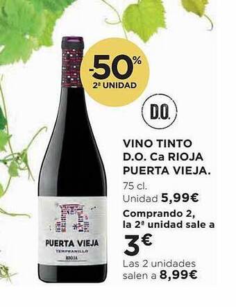 El Corte Inglés -50% 2a unidad vino tinto d.o. ca rioja puerta vieja oferta