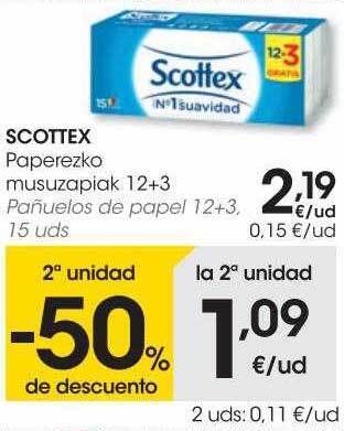 Eroski 2a unidad -50% de descuento scottex pañuelos de papel 12+3 oferta