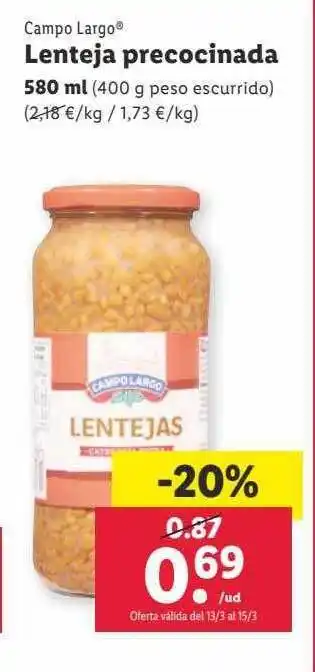 Lidl Campo largo lenteja precocinada oferta