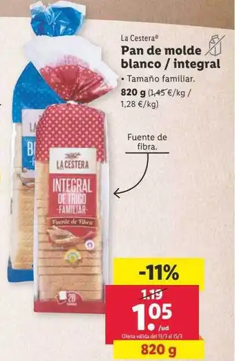Lidl La cestera pan de molde blanco integral oferta