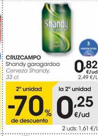 Eroski 2a unidad -70% de descuento cruzcampo cerveza shandy oferta