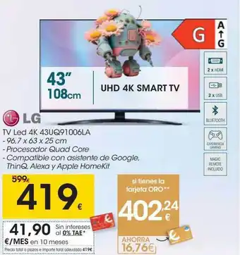 Eroski Lg tv led 4k 43uq91006la oferta