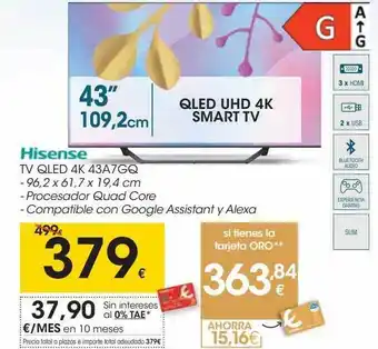 Eroski Hisense tv qled 4k 43a7gq oferta