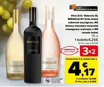 Carrefour Vino D.O Valencia El Miracle N1 Tinto Bobal Cabernet Sauvignon N3 Blanco Macabeo Moscatel Meseguera Malvasia o N5 Rosado oferta