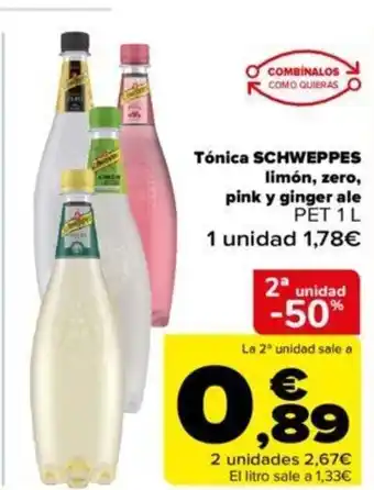 Carrefour Tonica Schweppes Limón Zero Pink y Ginger Ale oferta