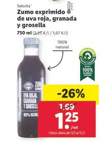 Lidl Solevita zumo exprimido de uva roja, granada y grosella oferta