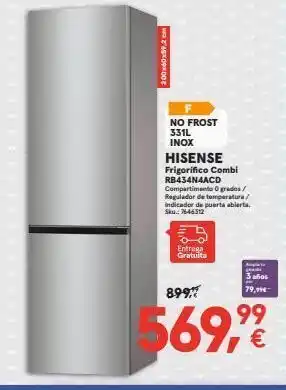 Worten 200x60x59,2 cm no frost 331l inox hisense frigorifico combi rb434n4acd compartimento 0 grados/ regulador de temperatura/ oferta