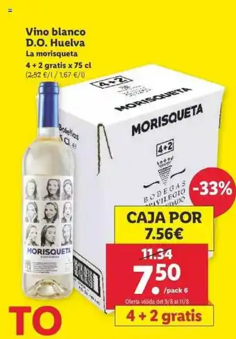 Lidl Vino Blanco D.o. Huelva La morisqueta 4+2 gratis x 75 cl oferta