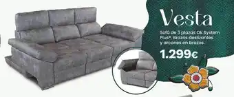 Vesta sofá de 3 plazas ok system plus brazos deslizantes y arcones en brazos