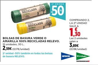 Hipercor Bolsas De Basura Verde o Amarilla 100% Recicladas Relevo oferta