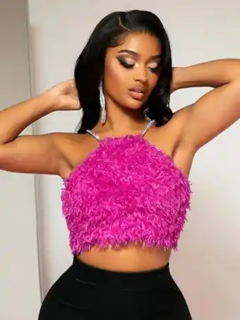 Shein sxy top de tirantes con diamante de imitación con tira de peluche