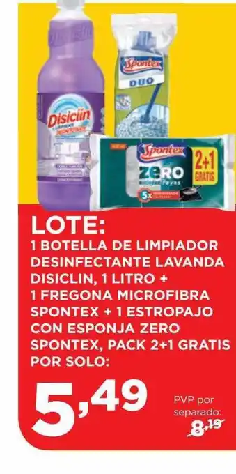 Alimerka Lote: 1 botella de limpiador desinfectante lavanda disiclin + 1 fregona microfibra spontex + 1 estropajo con esponja zero spo oferta