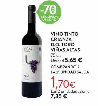 Hipercor -70% segunda unidad vino tinto crianza d.o. toro viñas altas oferta