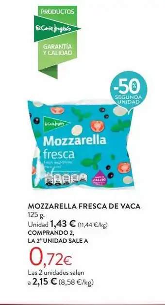 Hipercor -50% segunda unidad mozzarella fresca de vaca oferta