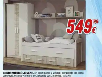 Rapimueble Dormitorio juvenil en color blanco y vintage, compuesto por cama compacta, estante y armario de 2 puertas con 2 cajones oferta