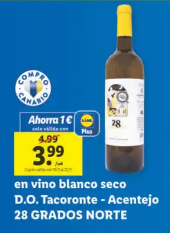 Lidl Vino Blanco Seco D.O. Tacoronte - Acentejo 28 Grados Norte oferta