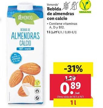 Lidl Vemondo bebida de almendras con calcio oferta