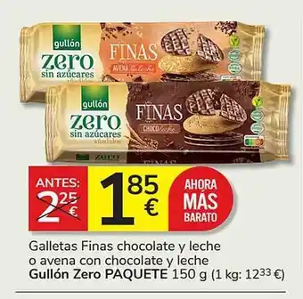 Consum Galletas finas chocolate y leche o avena con chocolate y leche gullón zero paquete oferta