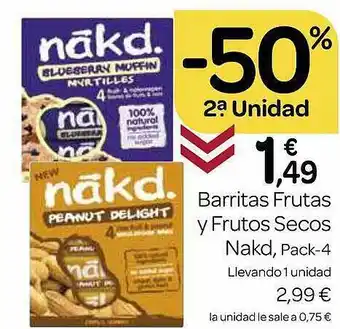 Supermercados El Jamón -50% 2a unidad barritas frutas y frutos secos nakd oferta