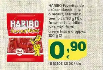 HiperDino Haribo favoritos de azúcar classic, pica o regaliz, starmix o teen pica o fresa-balla, ladrillos pica tripi frutti cream kiss oferta