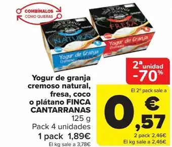 Carrefour Yogur de granja cremoso natural, fresa, coco o plátano finca cantarranas oferta