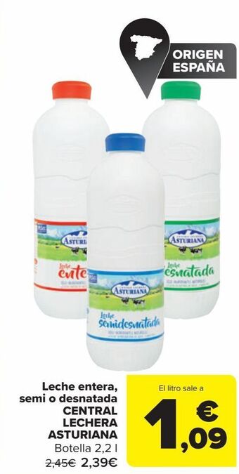 Carrefour Leche entera, semi o desnatada central lechera asturiana oferta