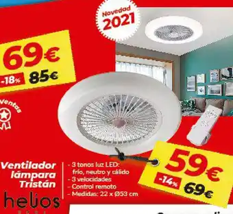 Embargos a lo bestia helios ventilador lámpara Tristán Led 3 tonos luz frio, neutro y cálido oferta