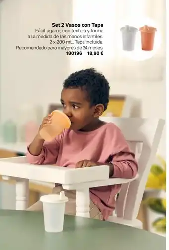Tupperware Set 2 vasos con tapa fácil agarre, con textura y forma a la medida de las manos infantiles. 2 x 200 ml. tapa incluída. recome oferta