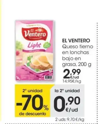 Eroski El Ventero Queso tierno en lonchas bajo en grasa, 200g oferta