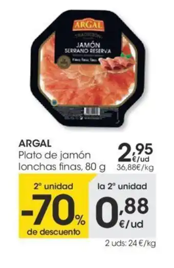 Eroski Argal Plato de jamón lonchas finas, 80g oferta