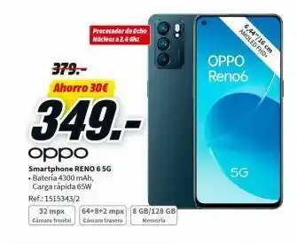 MediaMarkt 32 mpx cámara frontal 379,- ahorro 30€ 349.- oppo smartphone reno 6 5g • batería 4300 mah, carga rápida 65w ref.: 151534 oferta