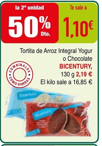 Tortita de Arroz Integral Yogur o Chocolate Bicentury
