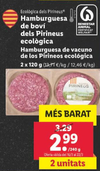 Lidl Hamburguesa de bovi dels pirineus ecològica oferta