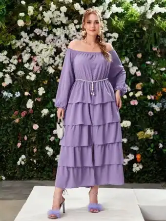 Shein Shein mulvari vestido de fiesta de hombros descubiertos de manga farol con abertura bajo a capas oferta