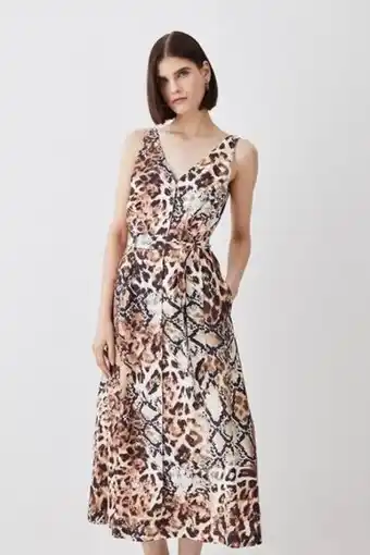 Karen Millen Animal print belted premium linen woven midi dress oferta