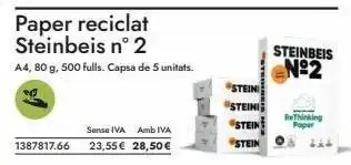 Abacus 1387817.66 paper reciclat steinbeis nᵒ 2 a4, 80 g, 500 fulls. capsa de 5 unitats. sense iva amb iva 23,55 € 28,50€ stein oferta