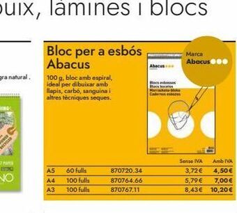 Abacus Bloc per a esbós abacus  100 g, bloc amb espiral, ideal per dibuixar amb llapis, carbó, sanguina i altres tècniques seques.   oferta