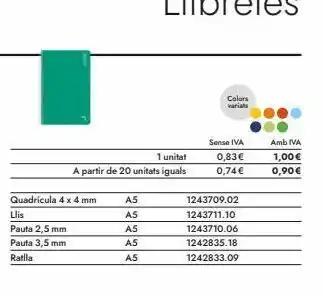 Abacus Quadrícula 4 x 4 mm llis pauta 2,5 mm pauta 3,5 mm ratila 1 unitat a partir de 20 unitats iguals a5 a5 a5 a5 a5 colo oferta